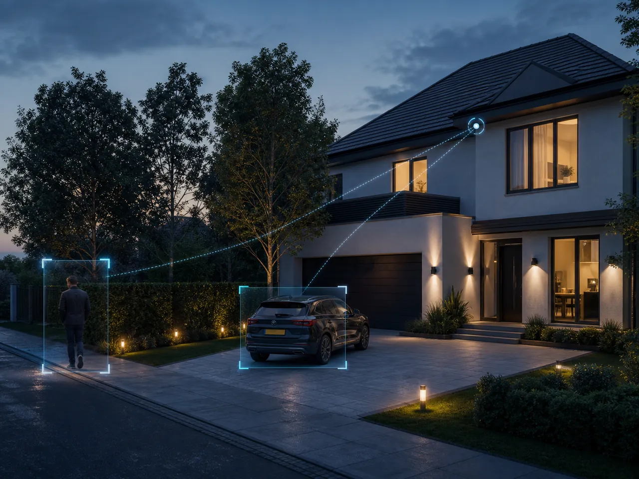 Illustration of person and vehicle detection around a UK home