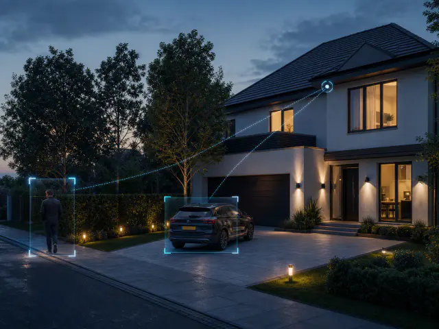 Home CCTV using AI person and vehicle detection on a driveway