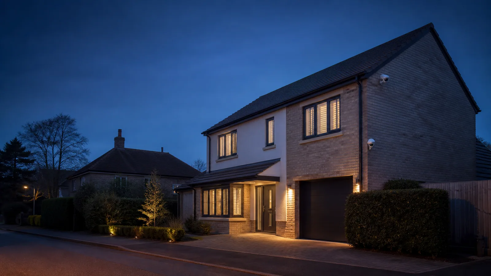 Professional CCTV cameras installed on a modern Newmarket home at blue hour