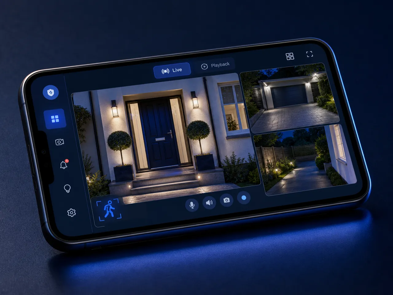 Generic smartphone CCTV live-view interface showing a UK home entrance