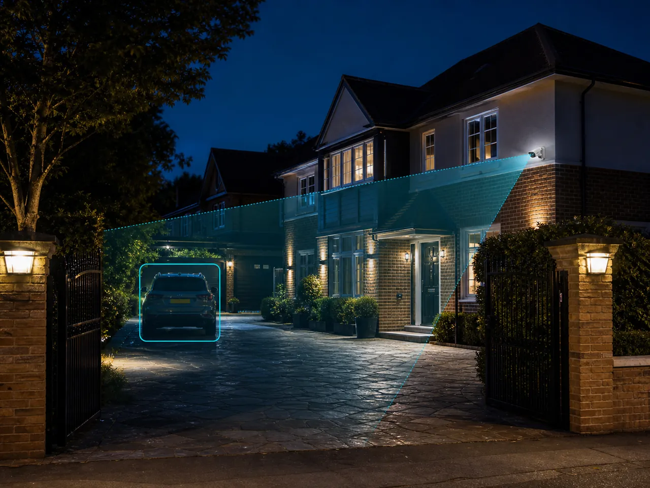 Illustrative UK driveway with clear night-time CCTV coverage