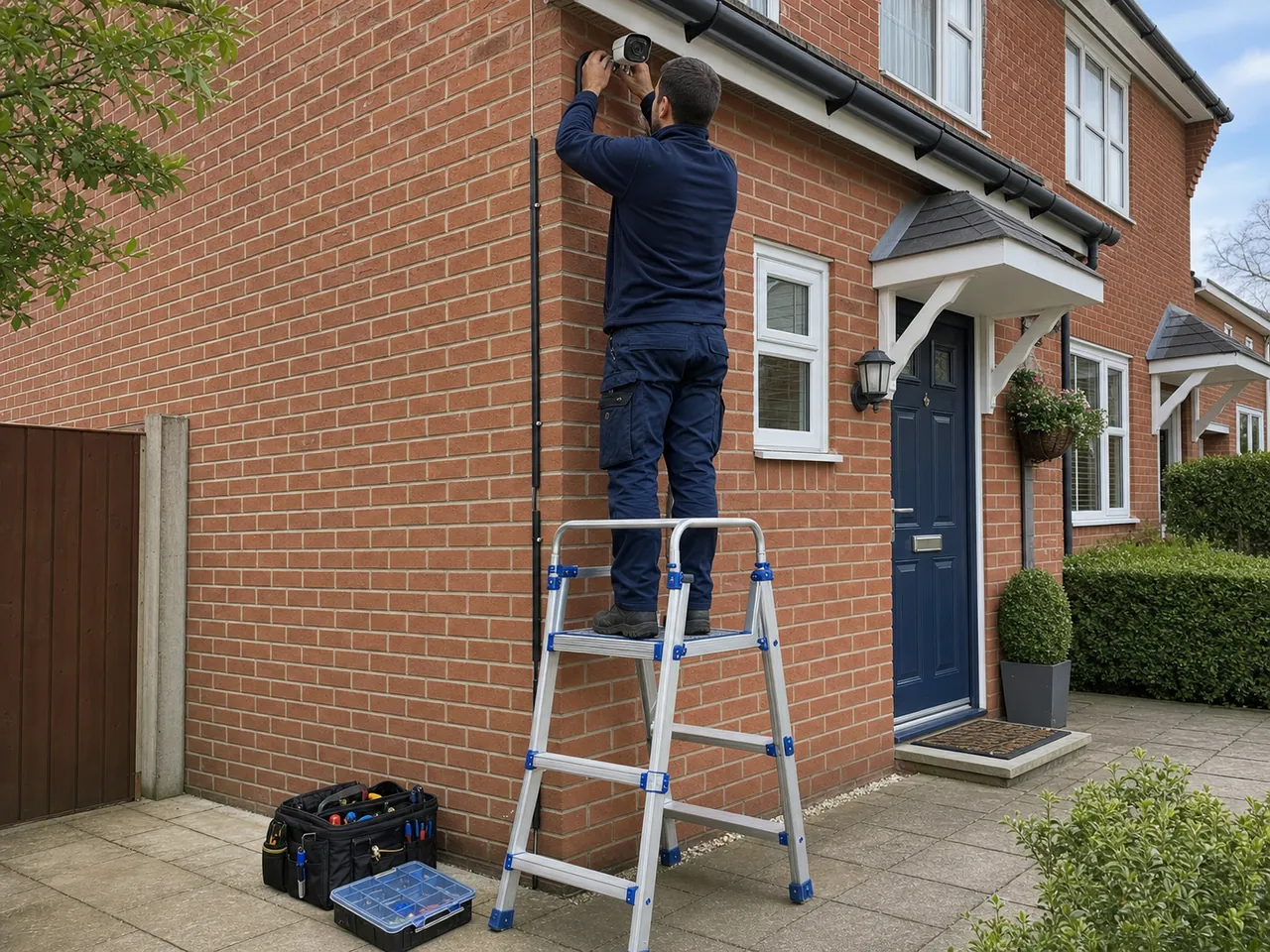 Illustrative professional CCTV engineer installing a camera on a UK home