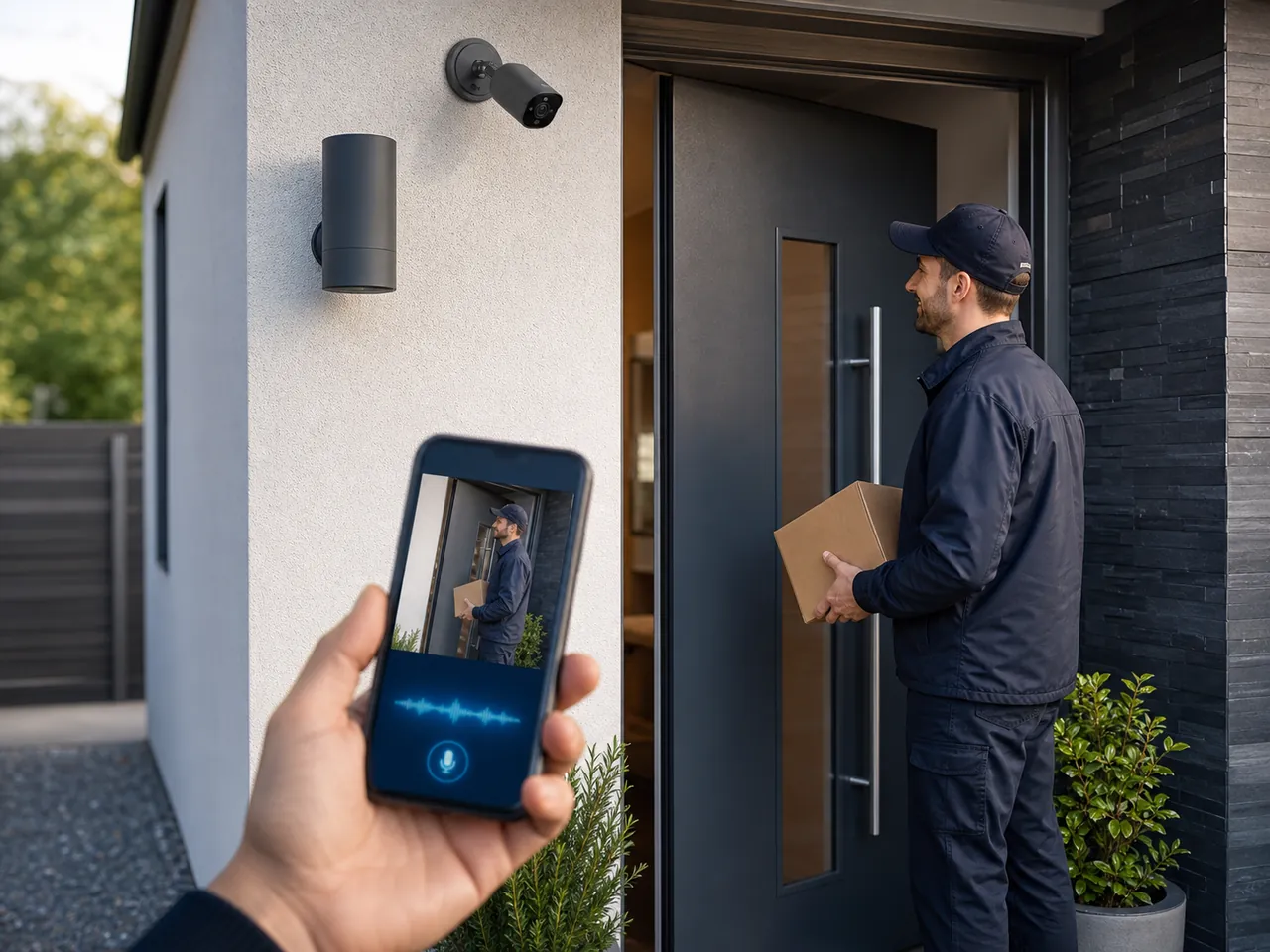 Illustration of a homeowner speaking to a delivery visitor through a compatible CCTV camera